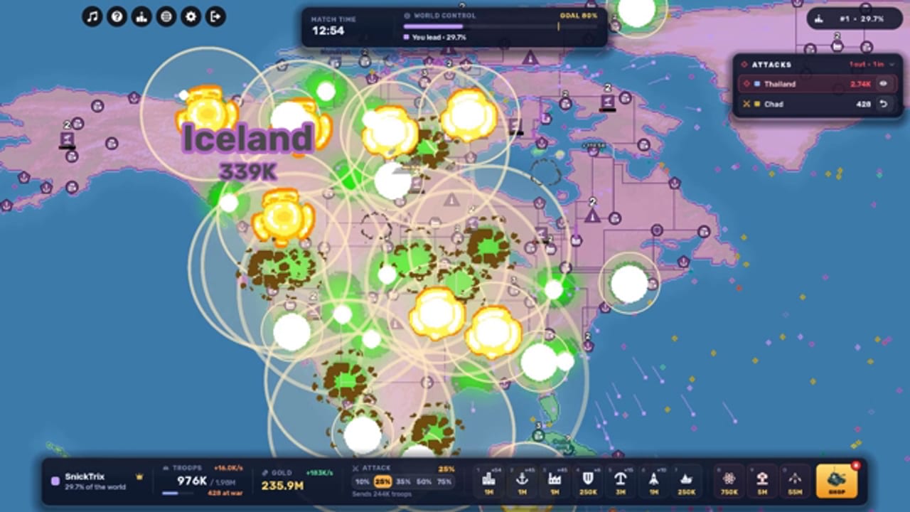Multiple nuclear detonations tearing across Iceland in RoWorld, with yellow, white and green mushroom clouds and expanding shockwave rings covering the map