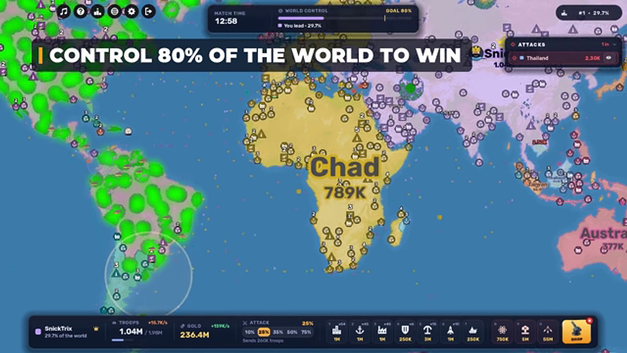 Capture de la carte du monde de RoWorld montrant le contrôle du territoire et la condition de victoire à 80 %